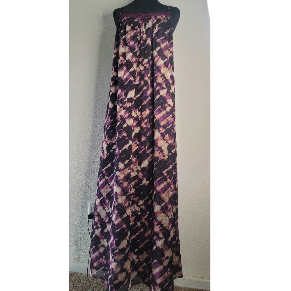 Long Flowy Venus Maxi Dress "Desert Tie Dye" Purple Print Crochet Neckline Sz S